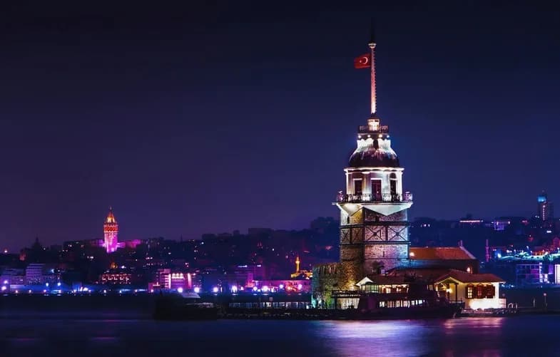 Luxury yacht cruising near Maiden’s Tower on the Bosphorus